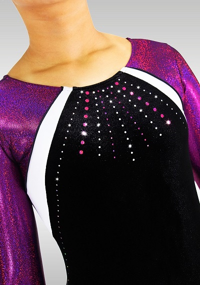 Leotard K718 long sleeves black velvet aubergine wetlook glitters