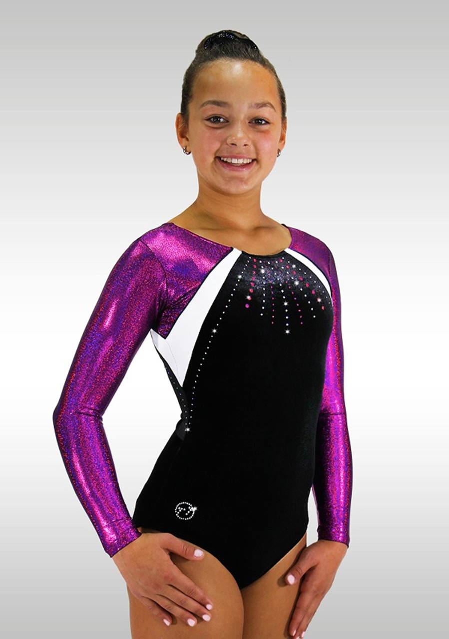 Leotard K718 long sleeves black velvet aubergine wetlook glitters
